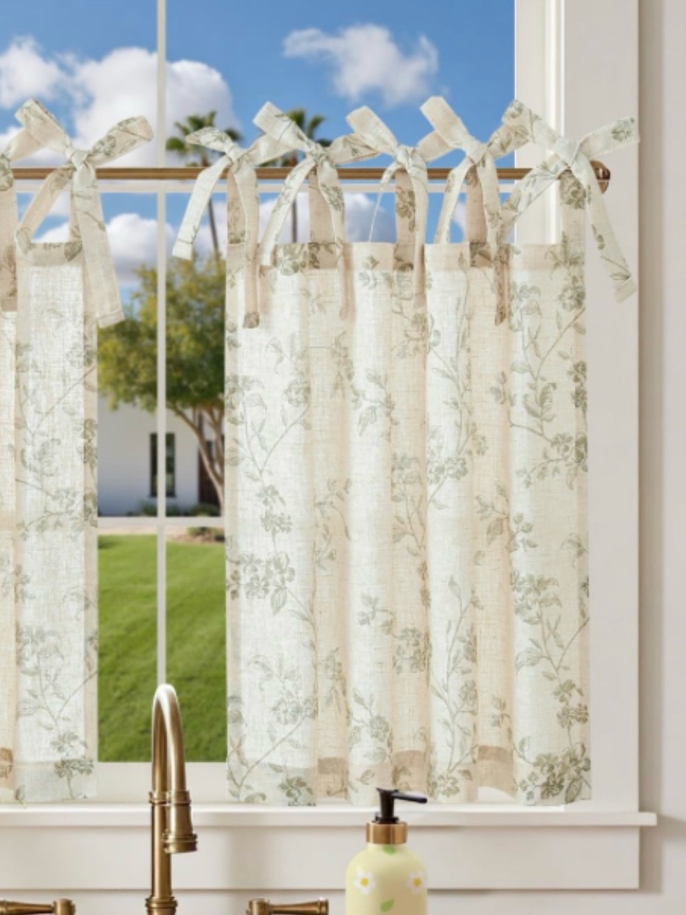 Tie-Top Floral Sheer Kitchen Curtain Panel - Cream and Green 24x26